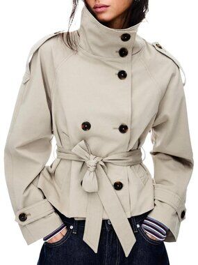 〽️Women's Sand Cropped Trench Coat Double Breasted Belted Jacket